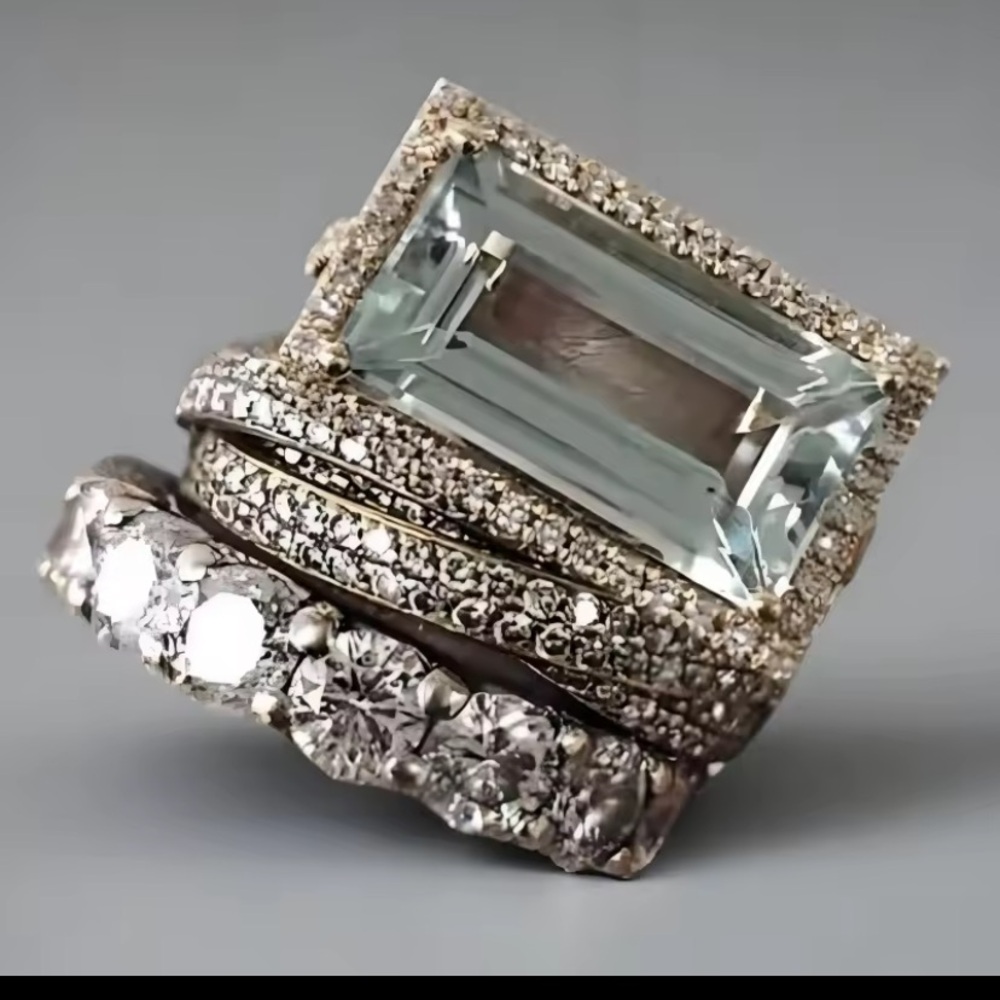 Faux Diamond and Aquamarine Gemstone Ring Set - Picture 2 of 3